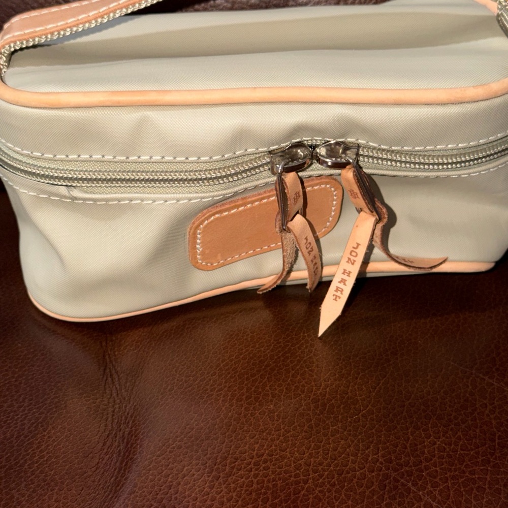 Jon Hart Cream Travel Cosmetic Case with Tan Trim